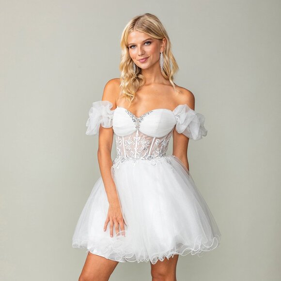 New Off White Short Modern Wedding Tulle Dress w/ Sheer Boned Bodice & DQ 3379 - Picture 3 of 9
